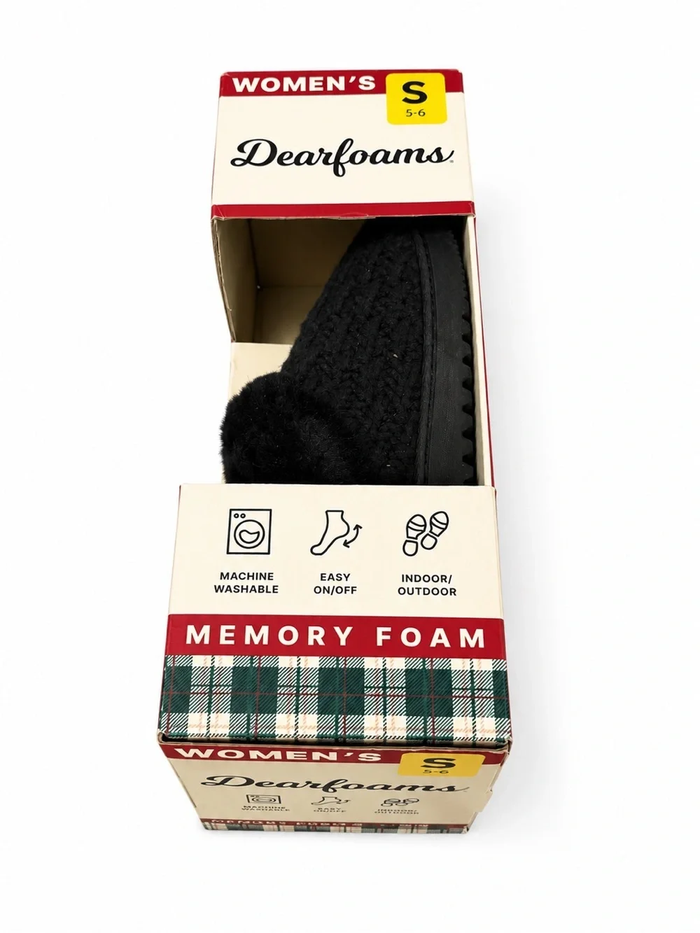 NIB Dearfoams Women’s Black Knit Memory Foam Slippers with Plush Cuff